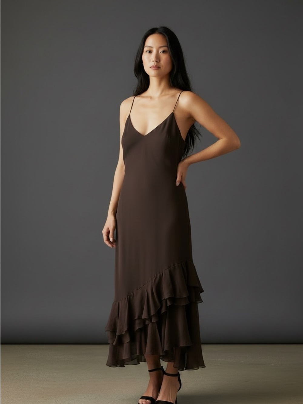 Newport News brown midi dress layered ruffles flowy asymmetrical V-neckline 16
